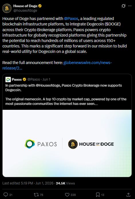 Dogecoin integrates with Paxos for massive adoption.