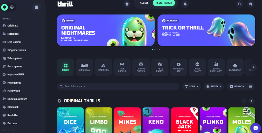 Панель управления Thrill casino