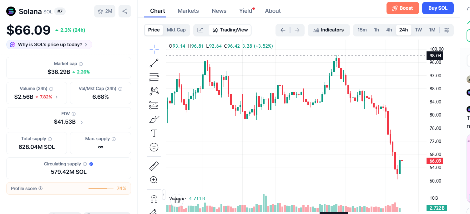 SOL staking whale sees assets drop to $26M from $337M peak nets as Solana struggles to hold $66