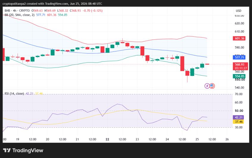 Grafico dei prezzi BNB/USD a 4 ore.