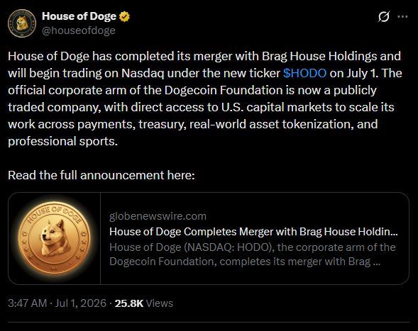 House of Dogeがナスダック市場で取引を開始。.