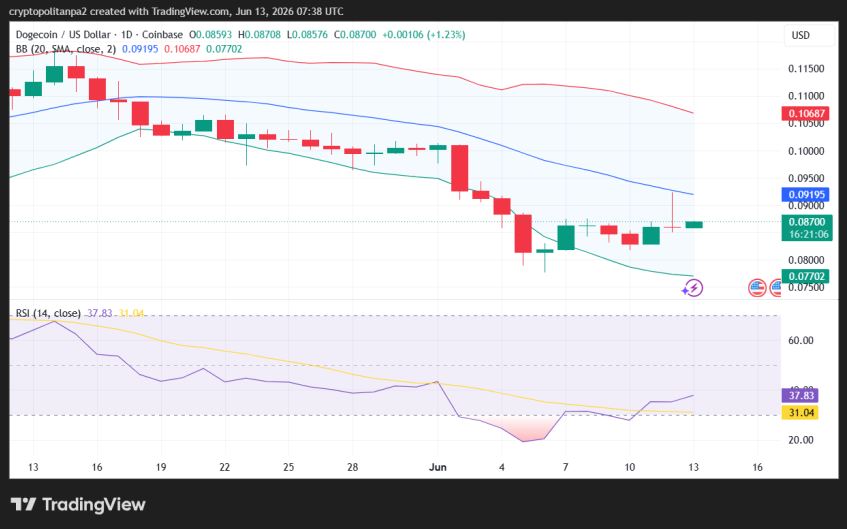DOGE/USD 1-day price chart.