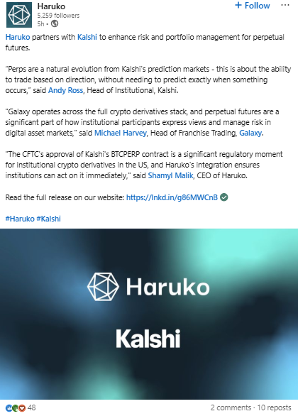 Haruko partners with Kalshi to elevate institutional crypto risk management.