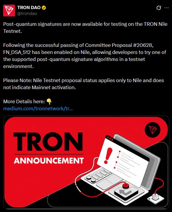 TRON implementa criptografia pós-quântica na rede de testes Nile.