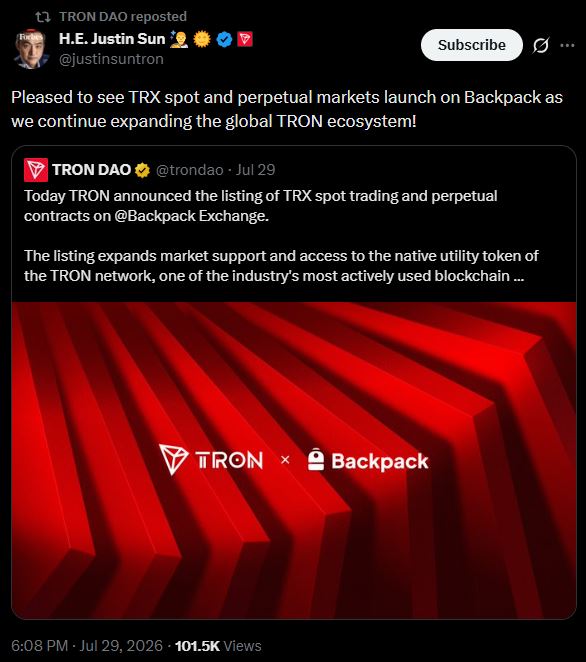 TRX goes live on Backpack Exchange.