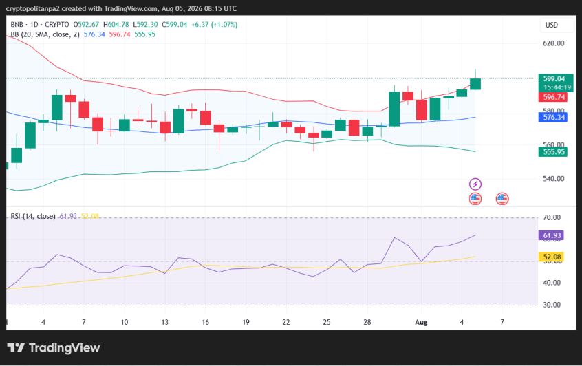 Grafico giornaliero del prezzo BNB/USD.