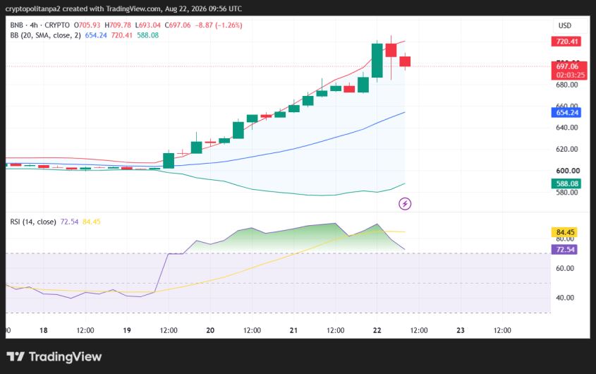 Graphique du cours BNB/USD sur 4 heures.