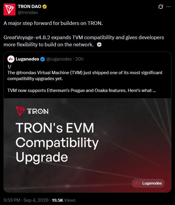 TRON Virtual Machine adds Ethereum Prague and Osaka support.