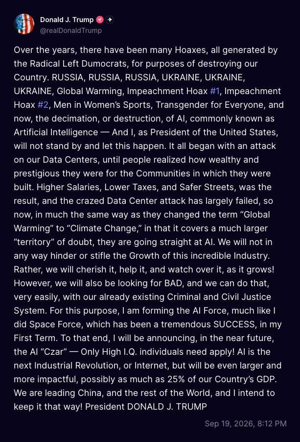 Trump vows an "AI Force" and a new AI czar, pegs AI at up to 25% of GDP.