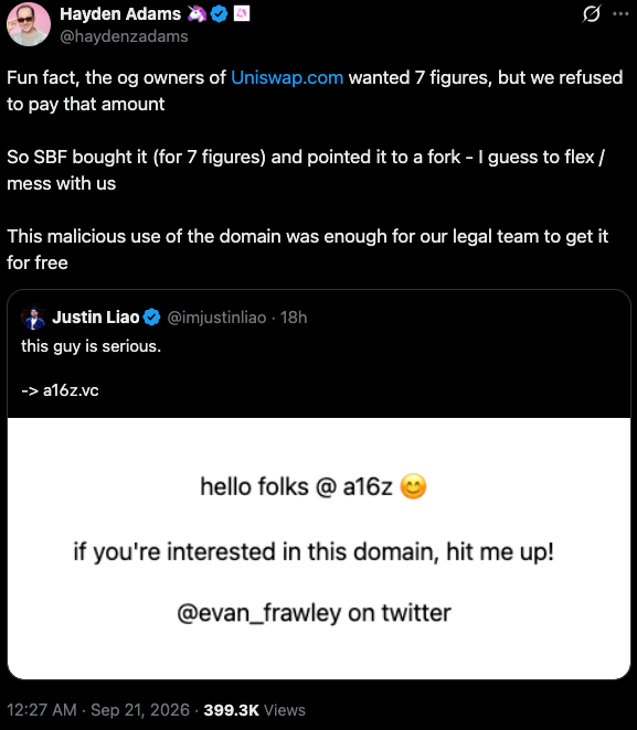 Hayden Adams says SBF paid seven figures for Uniswap.com, then lost it.