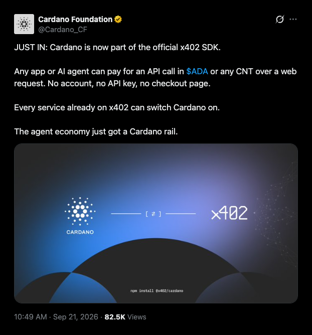AI agents can pay in ADA via x402, with Cardano's facilitator still off mainnet.