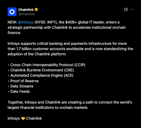 Infosys makes Chainlink its onchain standard for banking clients.