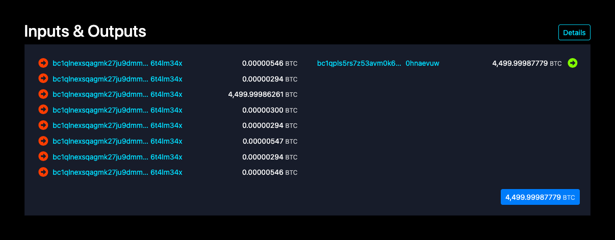 4,500 BTC idle since 2022 moves to a fresh wallet, sweeping up seven dust deposits.