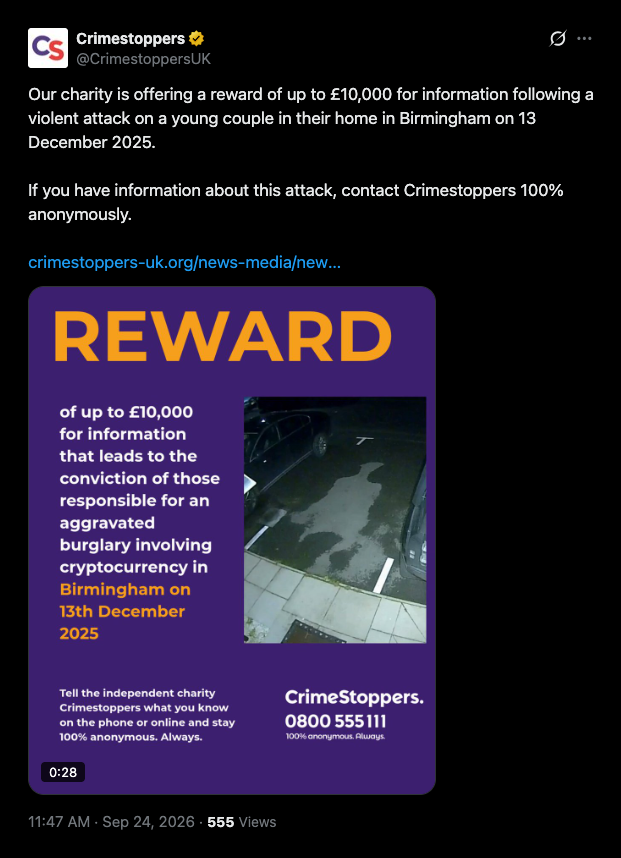 Crimestoppers puts up £10,000 for Solihull crypto home invasion tips nine months after the attack.