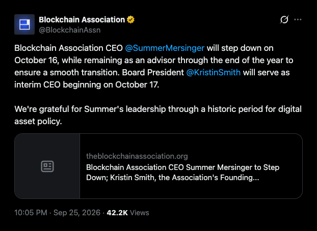 Kristin Smith takes back Blockchain Association helm while keeping her Solana Policy Institute job.
