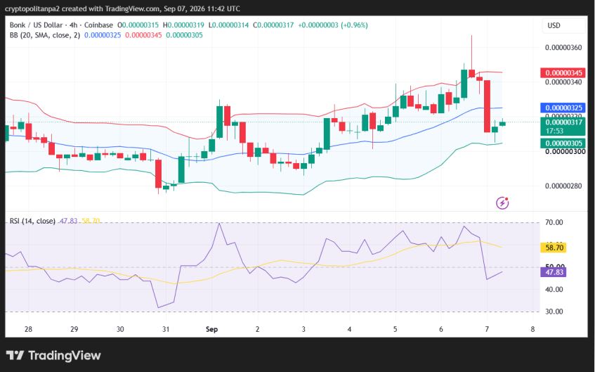 Bonk Price Prediction 2026, 2027, 2028-2032 5 BONK/USD 4-hour price chart.