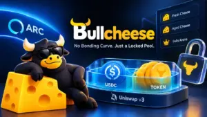 Bullcheeseレビュー:CircleのArc上に構築された、ボンディングカーブのないMemecoinローンチパッド