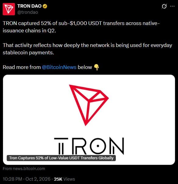 TRON leads Q2 everyday stablecoin payment volume.