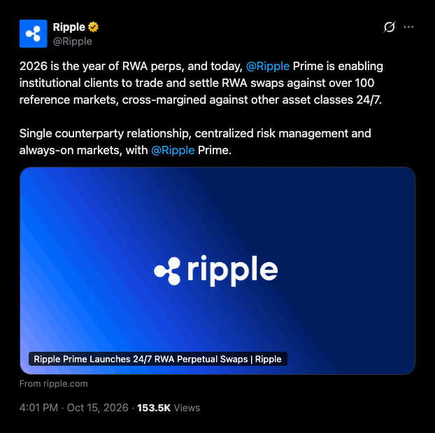 Virtu handelt 24/7 RWA-Swaps auf Ripple Prime über 100+ Märkte.