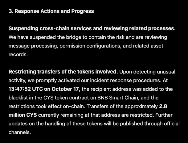 L'attaccante di Cysic ha venduto 7,2 milioni di CYS prima che un blacklist congelasse il resto in 76 minuti.