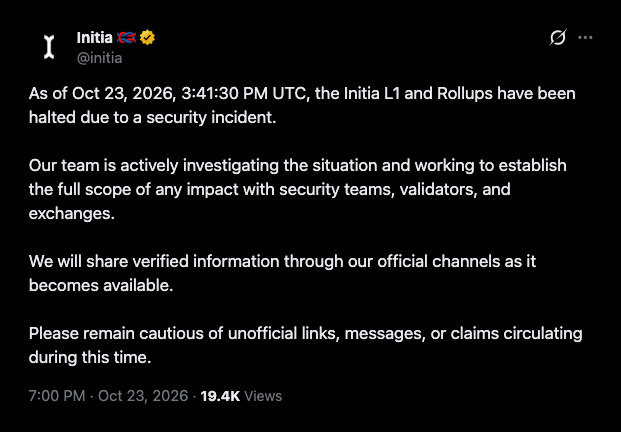 El atacante de Initia mueve 1,135 ETH mientras la cadena se detiene.