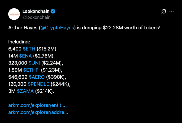 خروج هيز بقيمة 22 مليون دولار من Maelstrom يعكس توقعاته بشأن ETH في أكتوبر.
