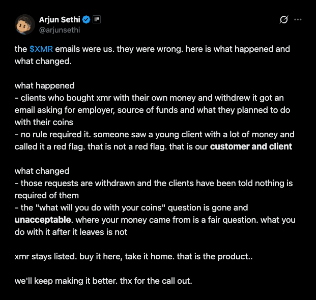 Sethi says Kraken was wrong to quiz Monero buyers.