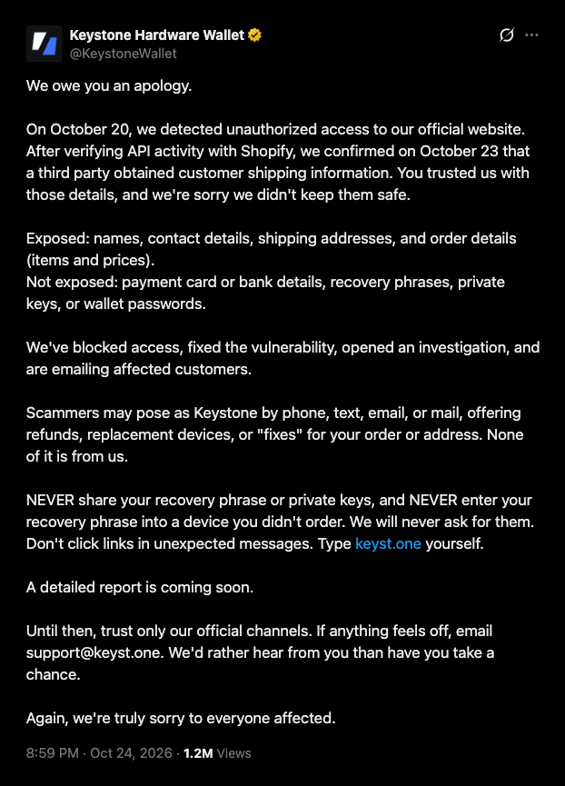 해커들이 Keystone의 Shopify 스토어에서 구매자들의 주소를 탈취했습니다.