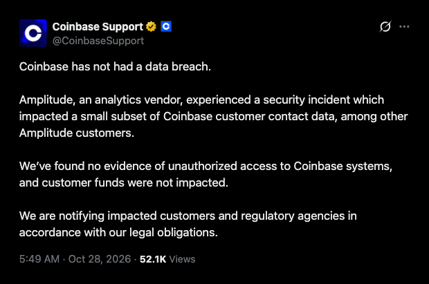 Amplitude incident exposes contact data of some Coinbase users.