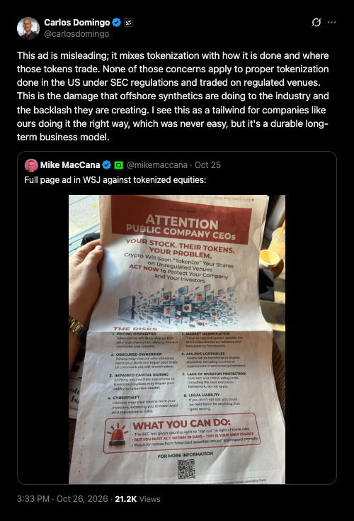Securitize CEO calls anti-tokenization ad a tailwind.