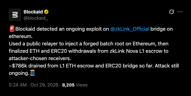 La radice di batch contraffetta svuota l'escrow Ethereum di zkLink Nova.